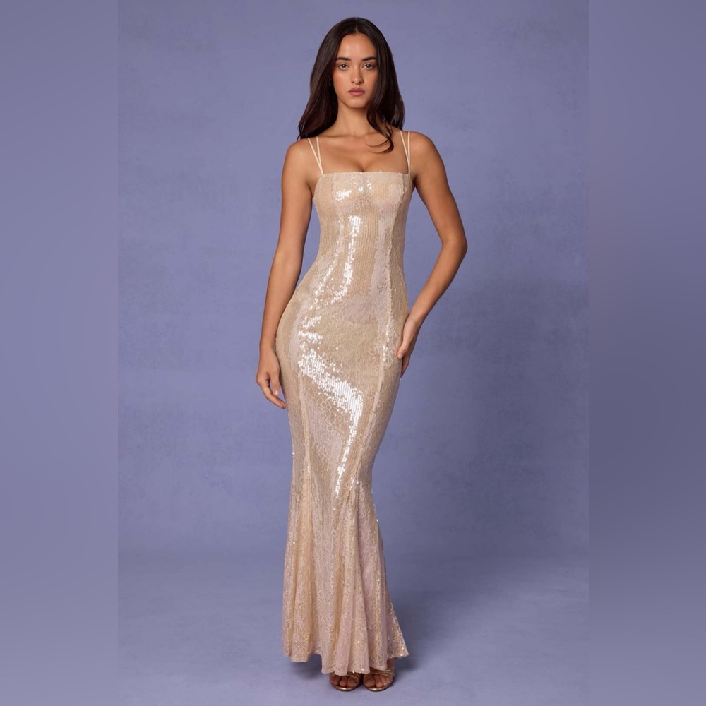 OH POLLY Sima Embellished Square Neck Lace Gown in Pale Peach size US 10